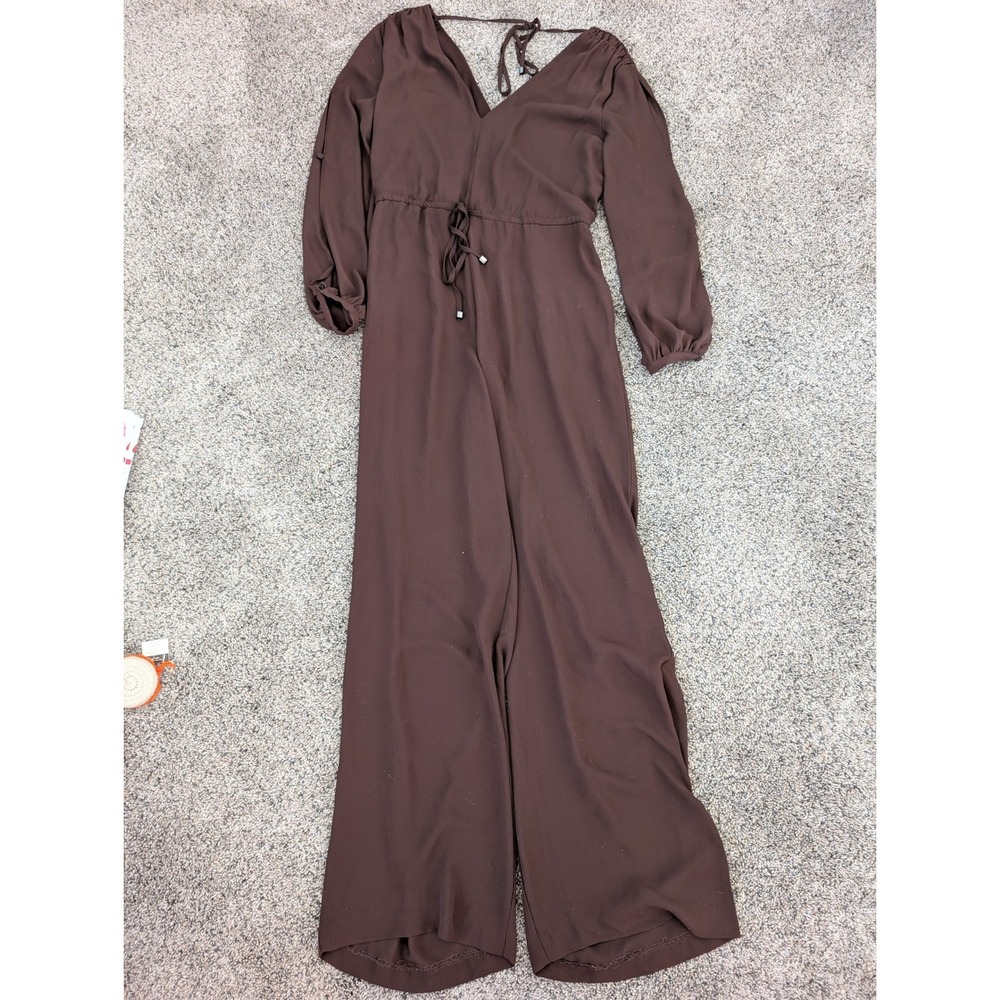 White House Black‎ Market Brown V-Neck Wide Leg Jumpsuit Split Sleeve Petite 0P